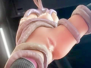 Scourge of the Evil - Animated girl with pink hair is bound up in the air by tentacles